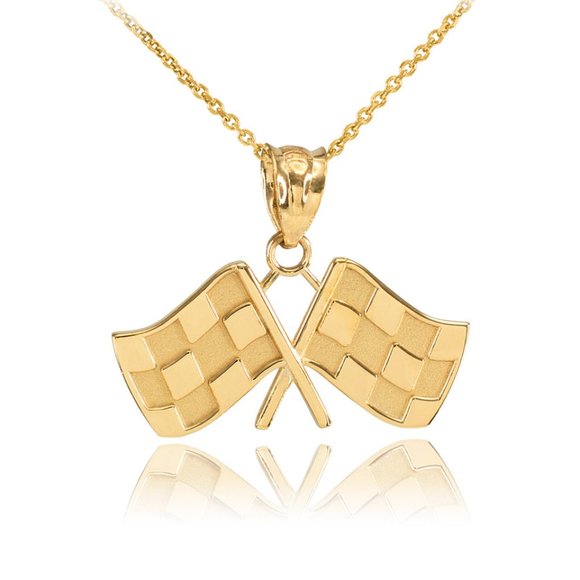 14K Solid Gold Racing Checked Flags Finish Line Pendant Necklace